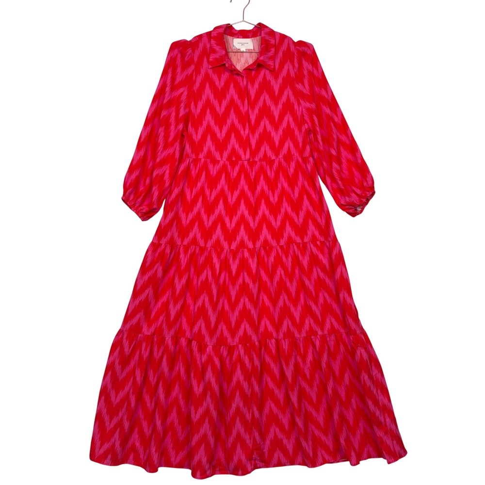 Pomander Place Women Maxi Dress M Hot Pink Ikat Mabel Tiered Long Sleeve Chevron